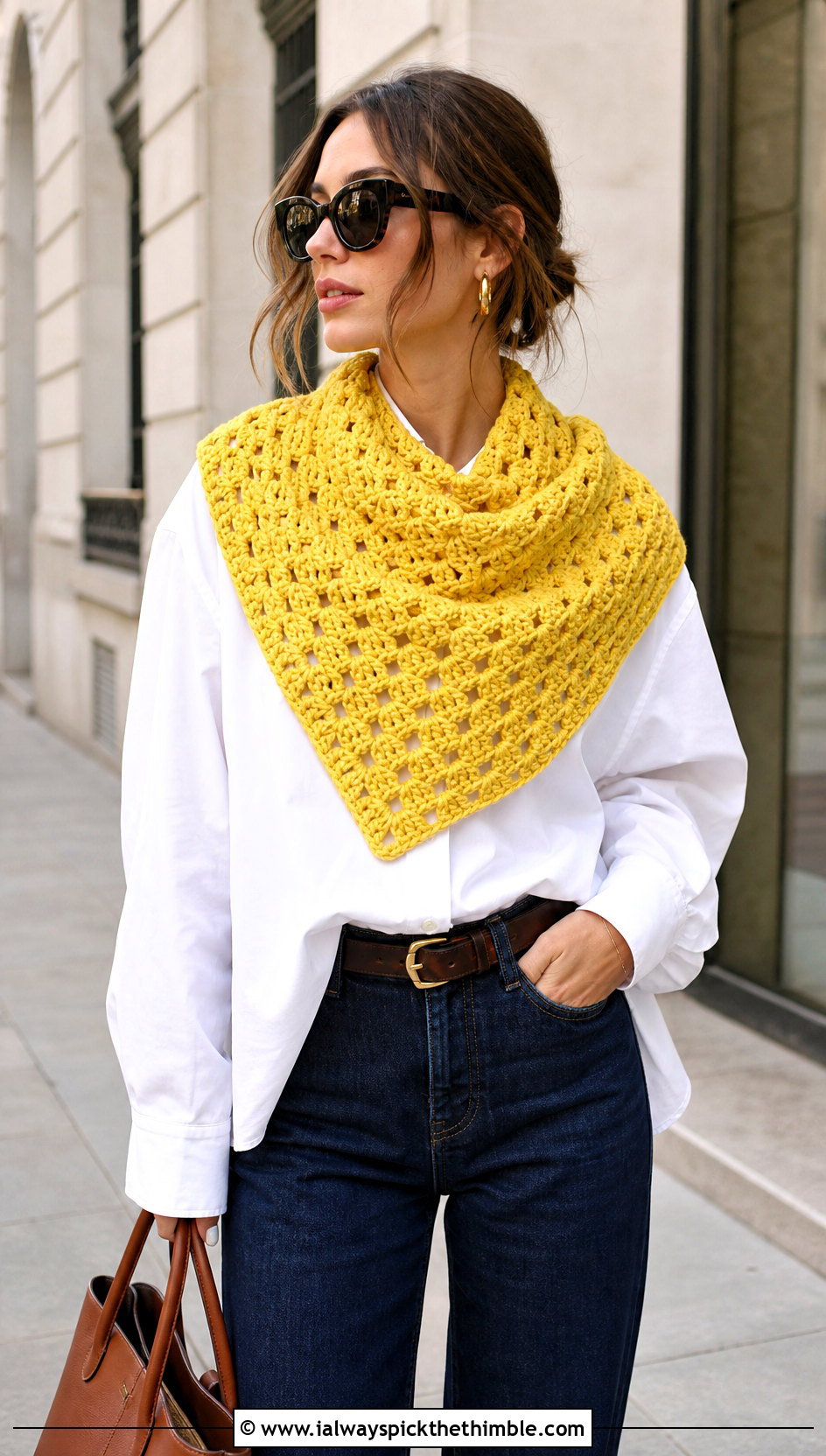 Granny Stitch Crochet Triangle Shawl With Jeans And White Shirt - 25 crochet triangle shawl outfit ideas