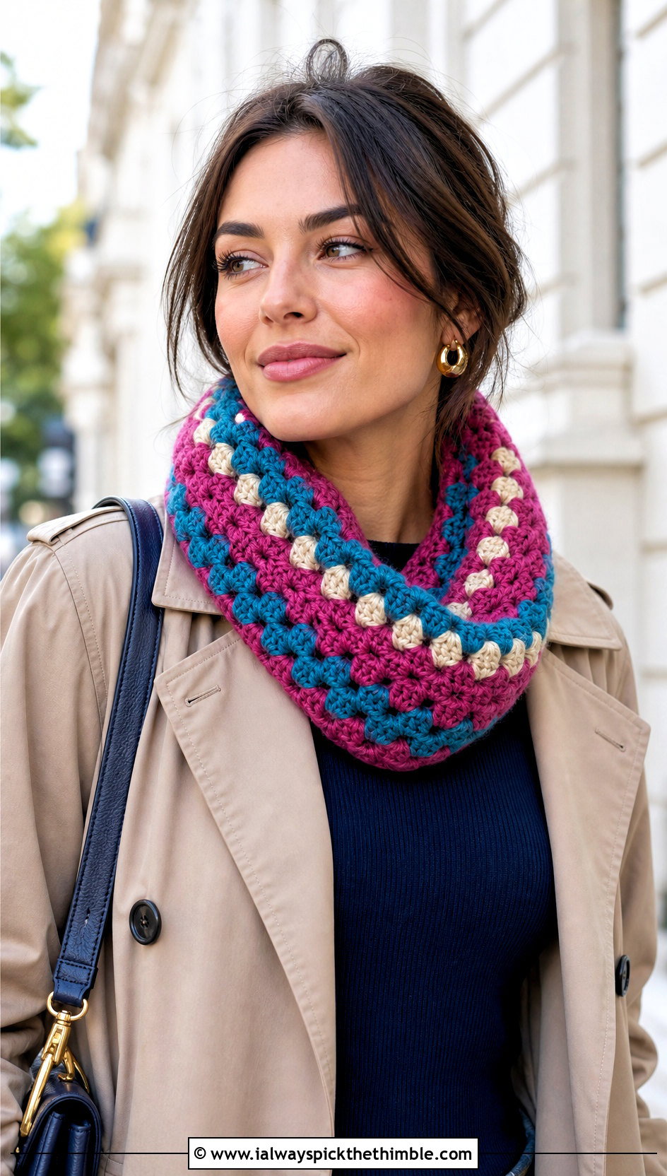 Granny Stitch Crochet Tube Scarf With Trench Coat - 20 Crochet Tube Scarf outfit ideas
