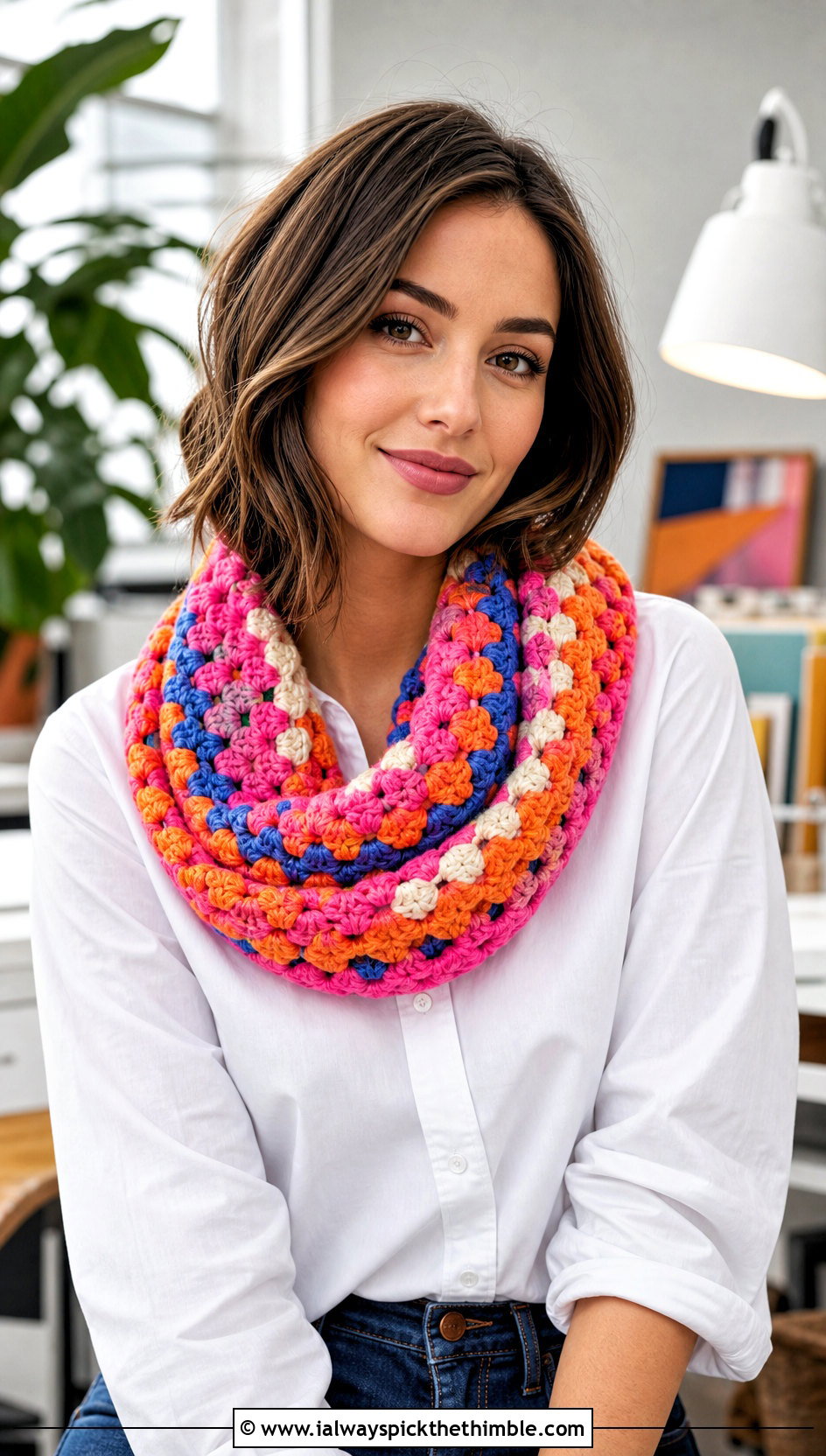 Granny Stitch Crocheted Infinity Scarf With White Shirt - 15 Easy Crocheted Infinity Scarf outfit ideas