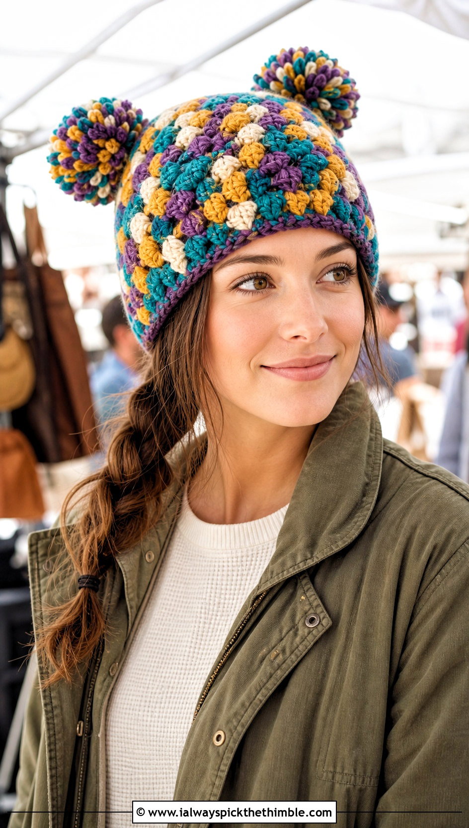 Granny Stitch Double Pompom Crochet Hat With Utility Jacket - 20 Double Pompom Crochet Hat outfit ideas