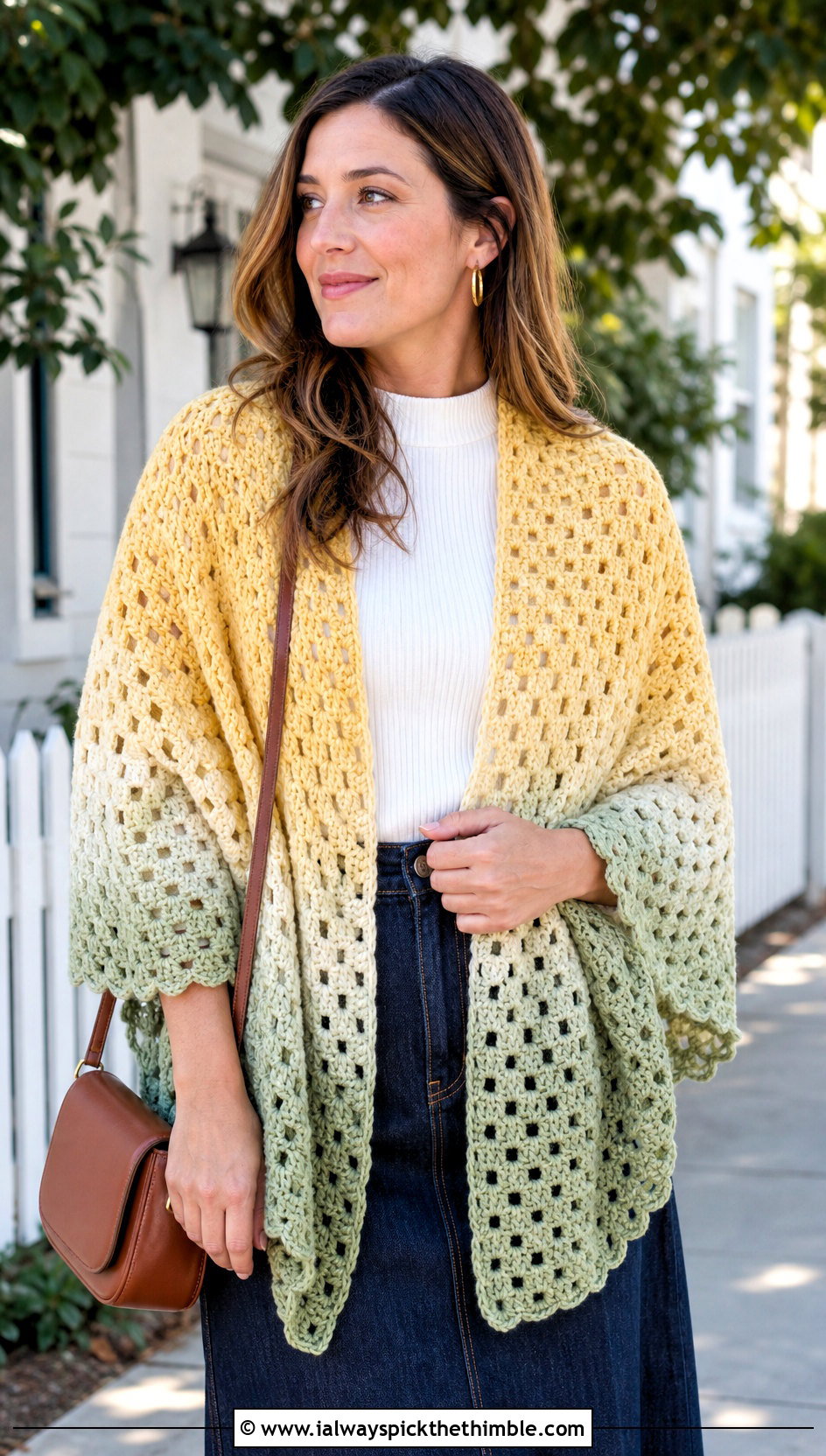 Granny Stitch Gradient Shawl With Denim Midi Skirt - 15 Crochet Gradient Shawl outfit ideas