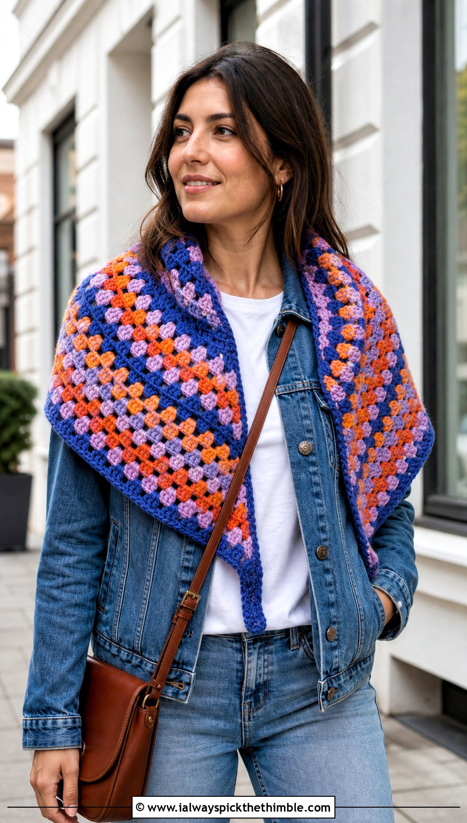 Granny Stitch Half Circle Crochet Shawl With Denim Jacket - 15 Half Circle Crochet Shawl outfit ideas