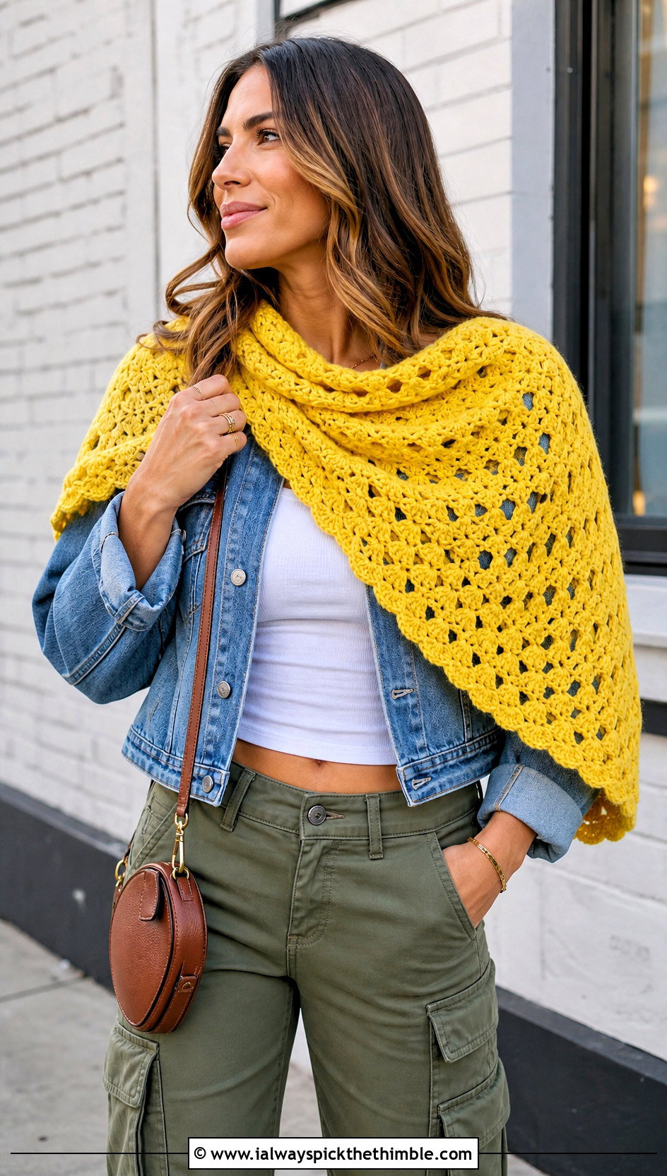 Granny Stitch Half Moon Crochet Shawl With Cargo Pants - 20 Half Moon Crochet Shawl outfit ideas