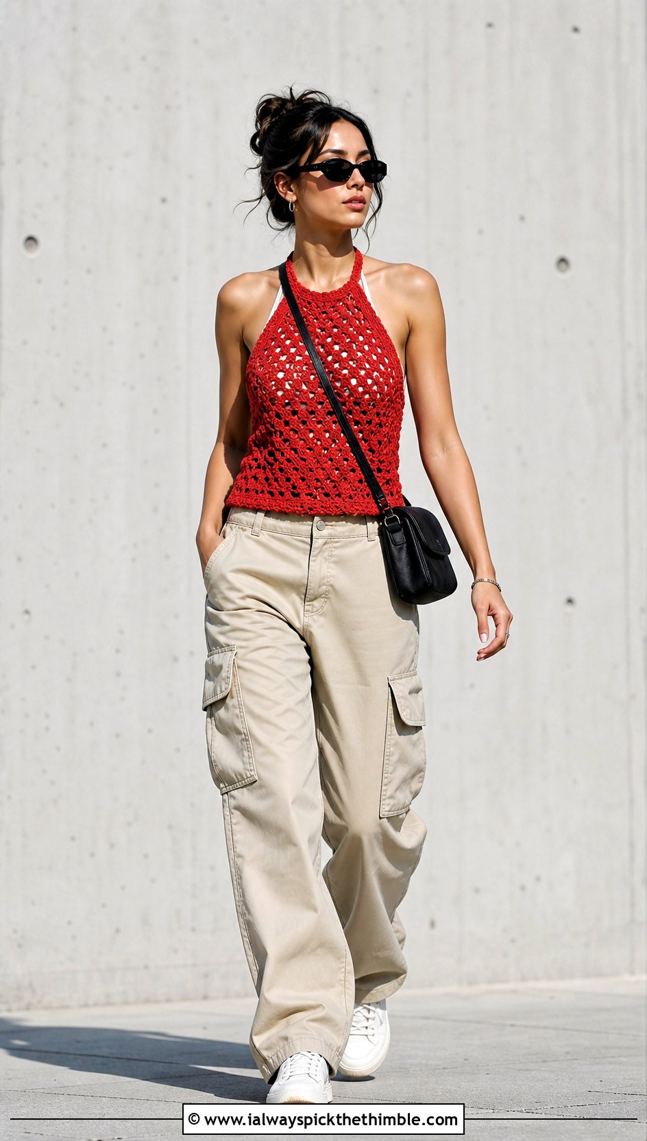 Granny Stitch Halter Top With Cargo Pants - 25 crochet granny stitch top outfit ideas