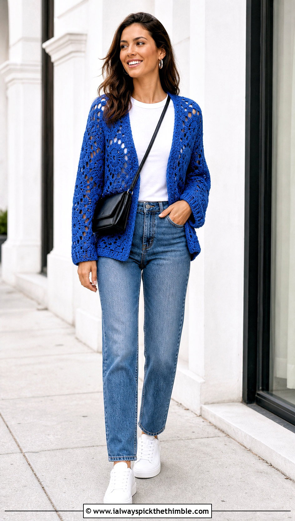 Granny Stitch Hexagon Cardigan With Straight Leg Jeans - 25 crochet hexagon cardigan outfit ideas