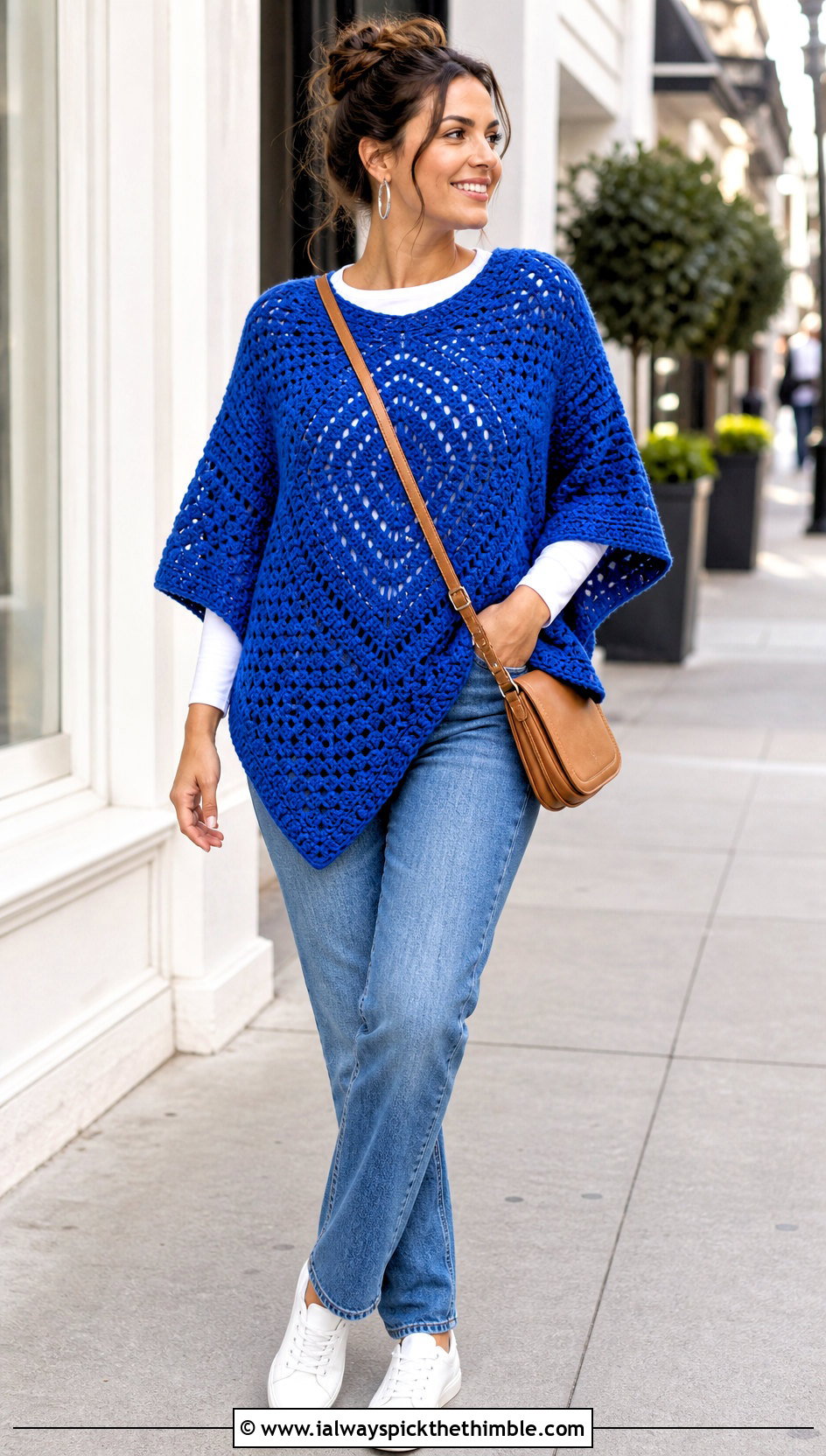 Granny Stitch Hexagon Crochet Poncho With Straight Leg Jeans - 20 Hexagon Crochet Poncho outfit ideas