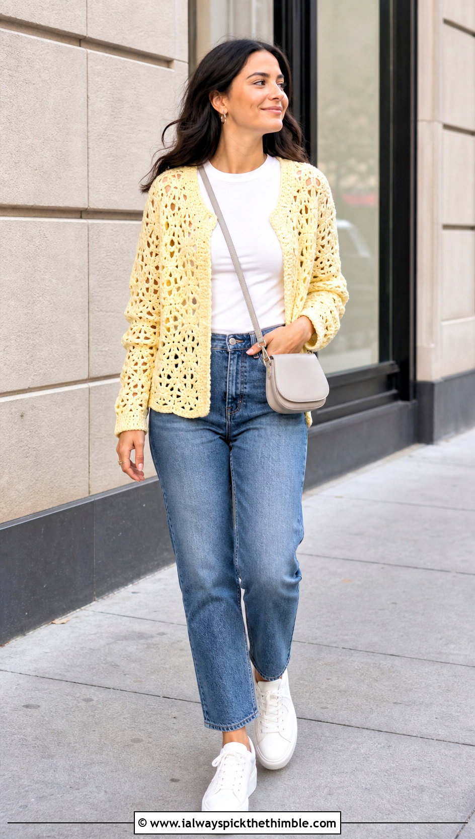 Granny Stitch Hexi Crochet Cardigan With Straight Leg Jeans - 25 hexi crochet cardigan outfit ideas