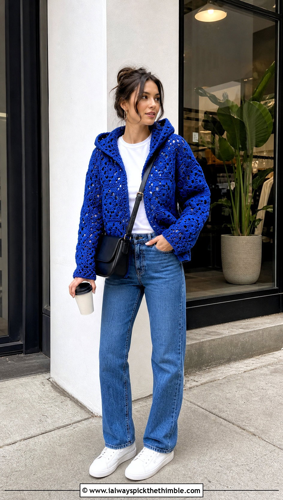 Granny Stitch Hexi Crochet Hoodie With Straight Leg Jeans - 20 hexi crochet hoodie outfit ideas