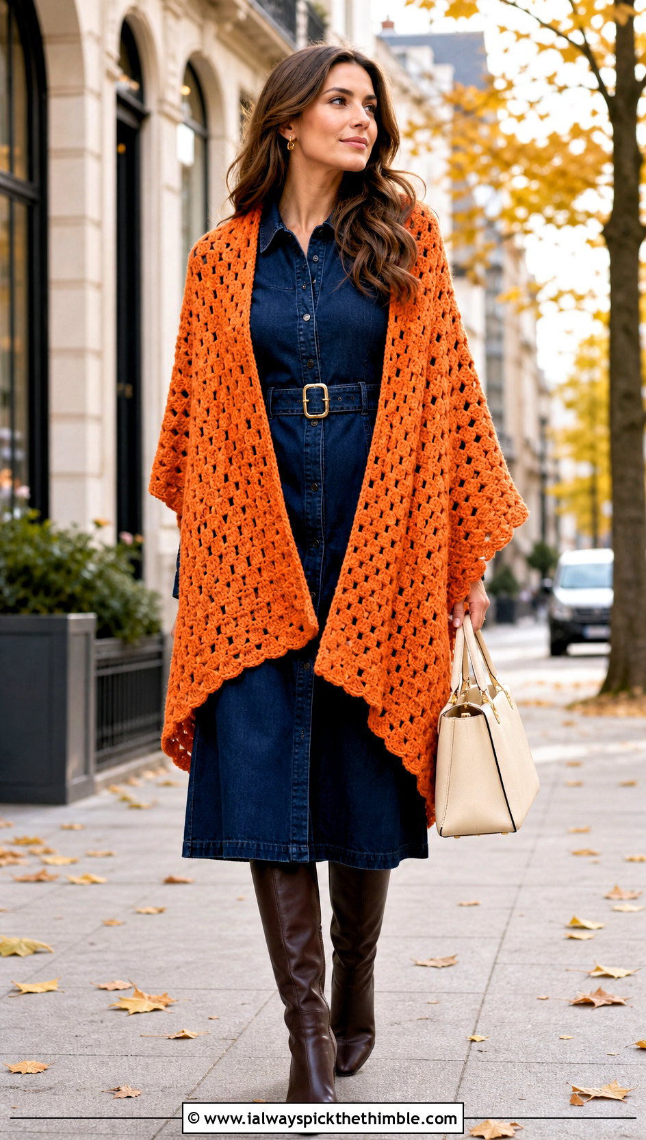Granny Stitch Highlander Shawl With Denim Dress - 20 Crochet Highlander Shawl outfit ideas