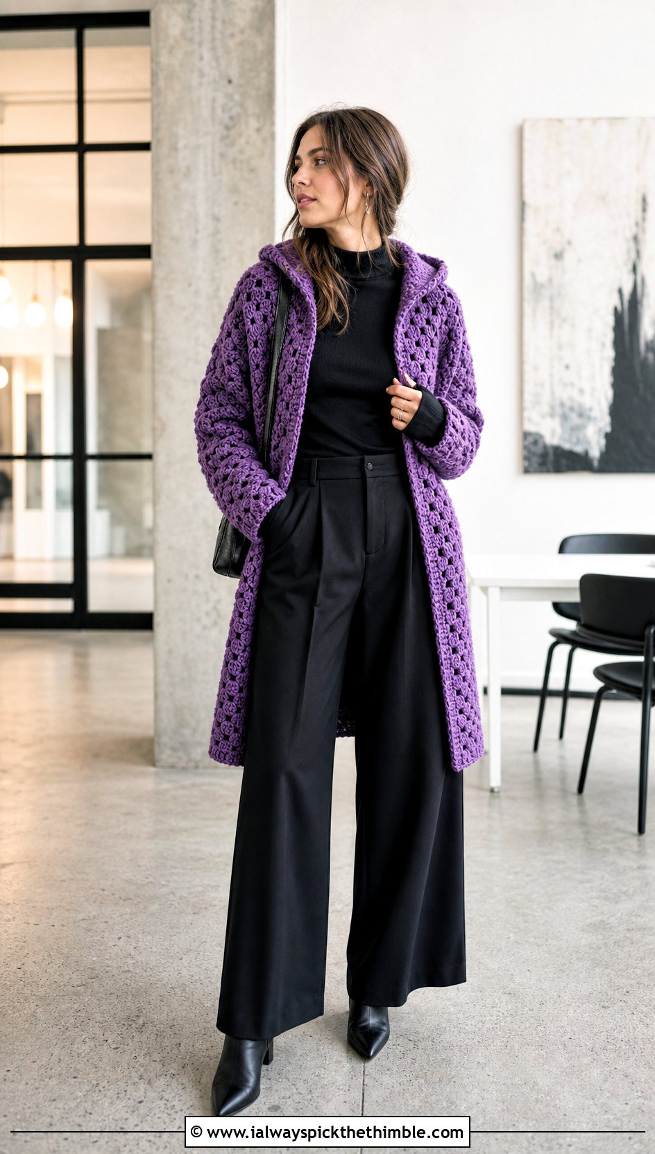 Granny Stitch Hooded Crochet Cardigan With Black Trousers - 25 hooded crochet cardigan outfit ideas