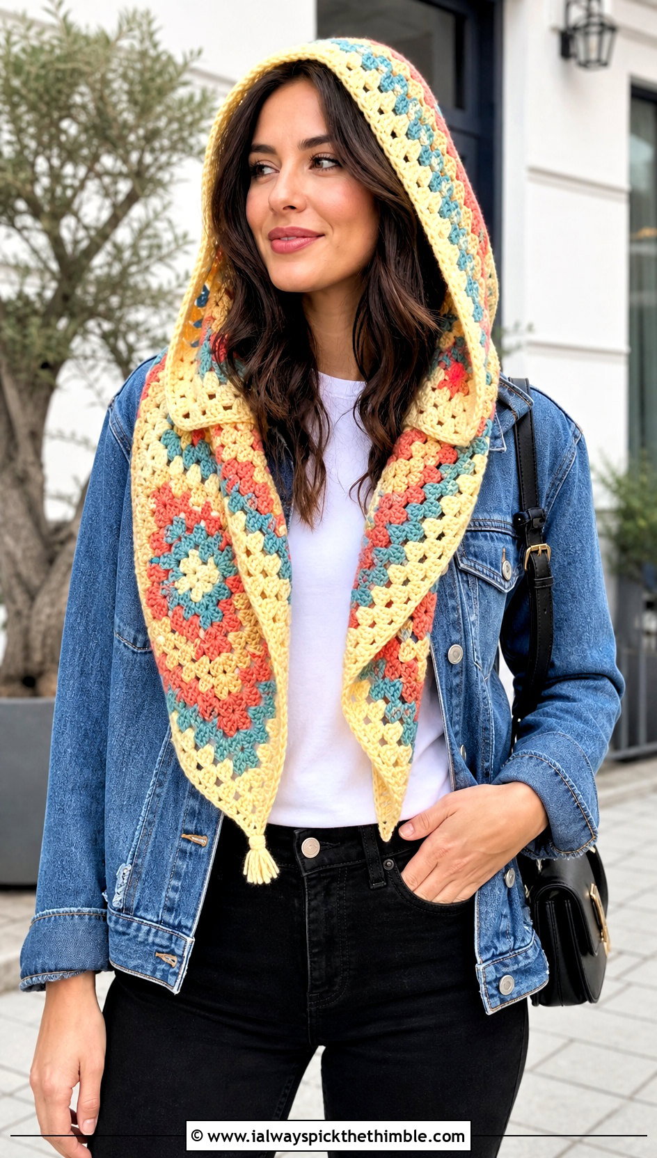 Granny Stitch Hooded Triangle Crochet Scarf With Denim Jacket - 20 Hooded Triangle Crochet Scarf outfit ideas