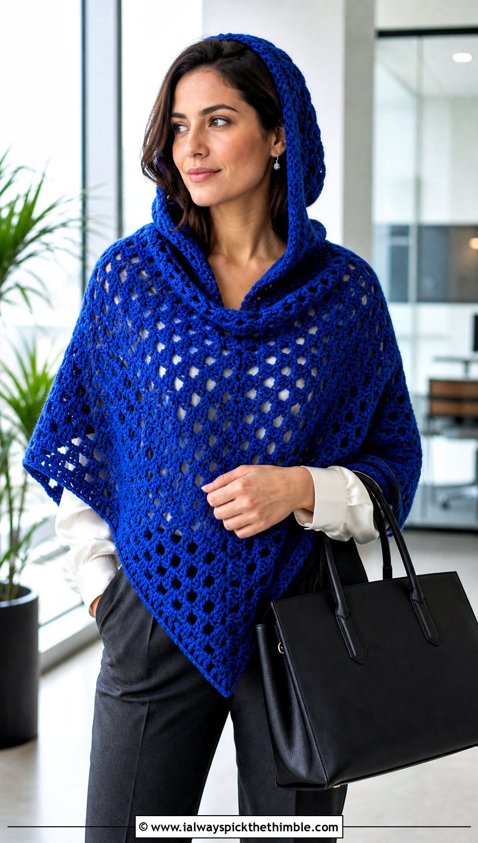 Granny Stitch Hooded Triangle Crochet Shawl With Tailored Trousers - 20 Hooded Triangle Crochet Shawl outfit ideas