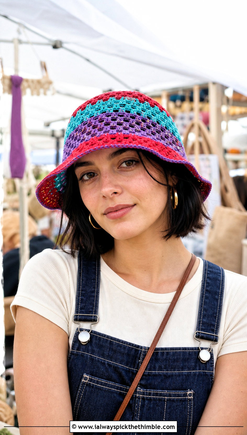 Granny Stitch Mesh Bucket Hat With Denim Overalls - 25 crochet mesh hat outfit ideas