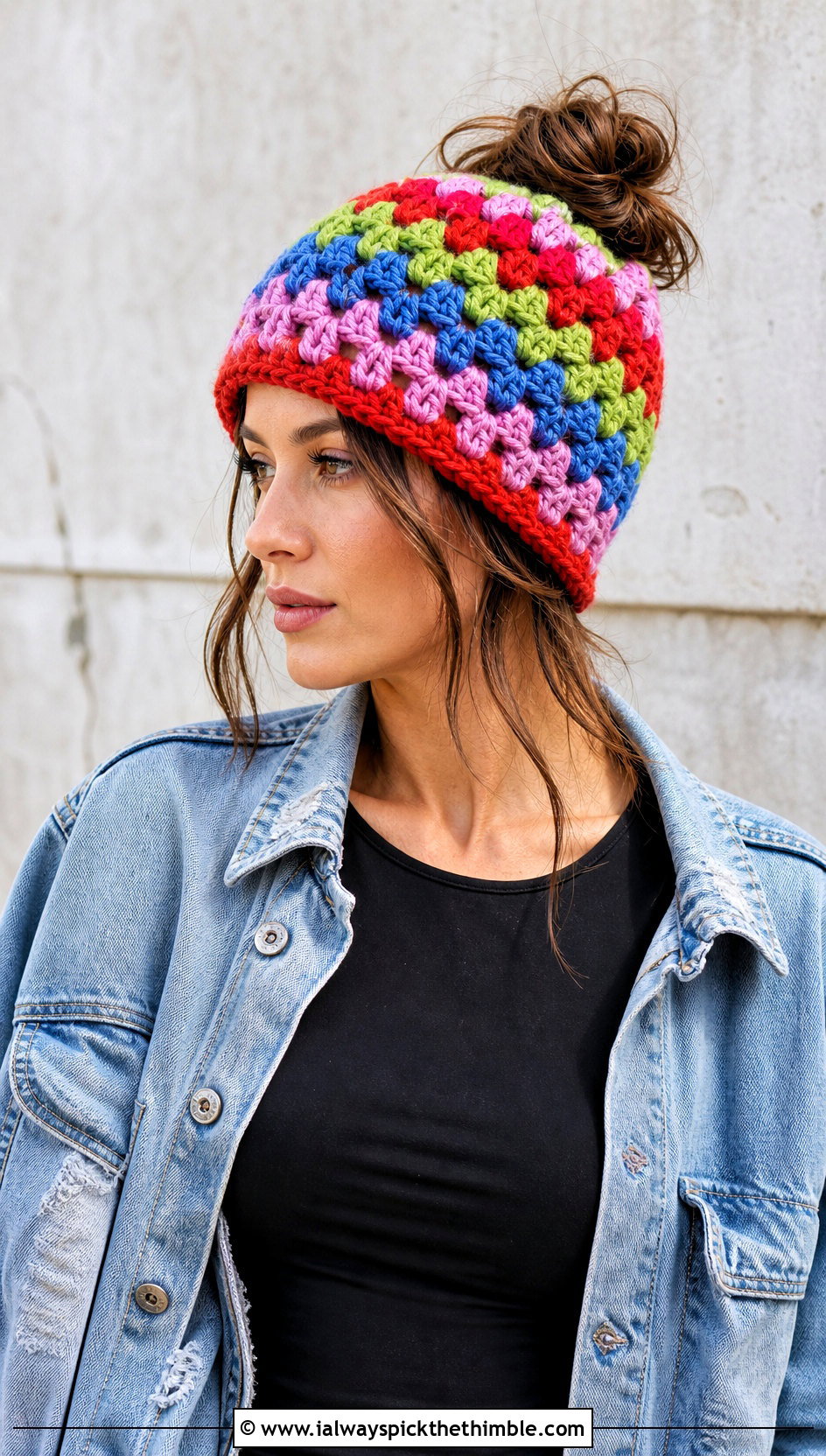 Granny Stitch Messy Bun Beanie With Denim Jacket And Cargo Pants - 25 crochet bun hat outfit ideas