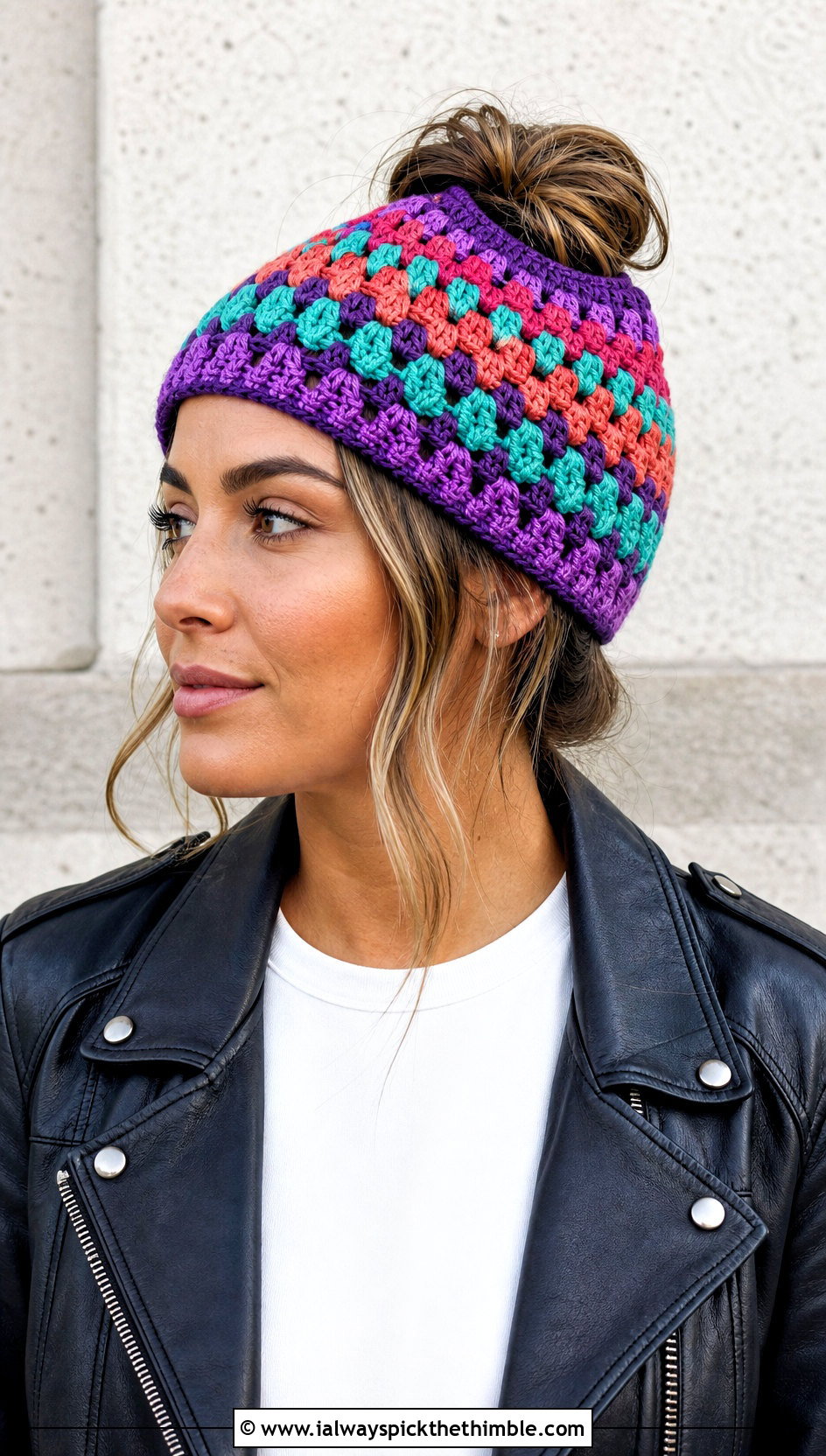 Granny Stitch Messy Bun Crochet Hat With Leather Jacket - 20 messy bun crochet hat with hair tie outfit ideas