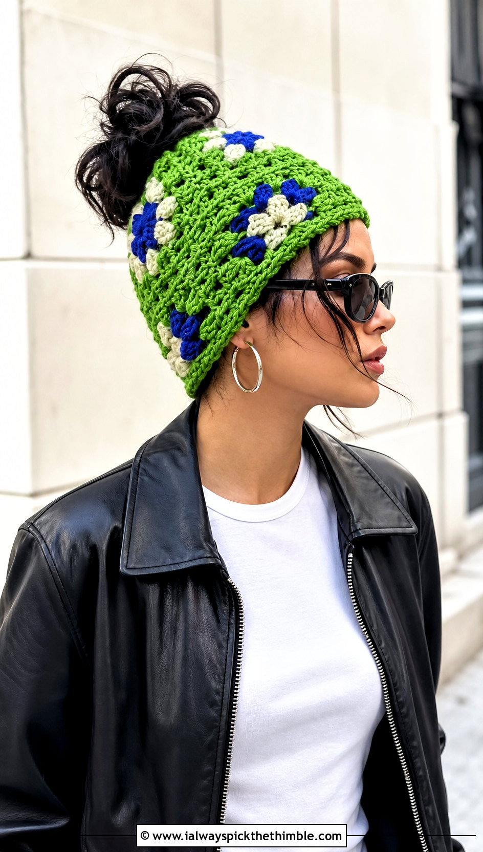 Granny Stitch Messy Bun Crochet Hat With Leather Jacket - 20 Easy Messy Bun Crochet Hat outfit ideas