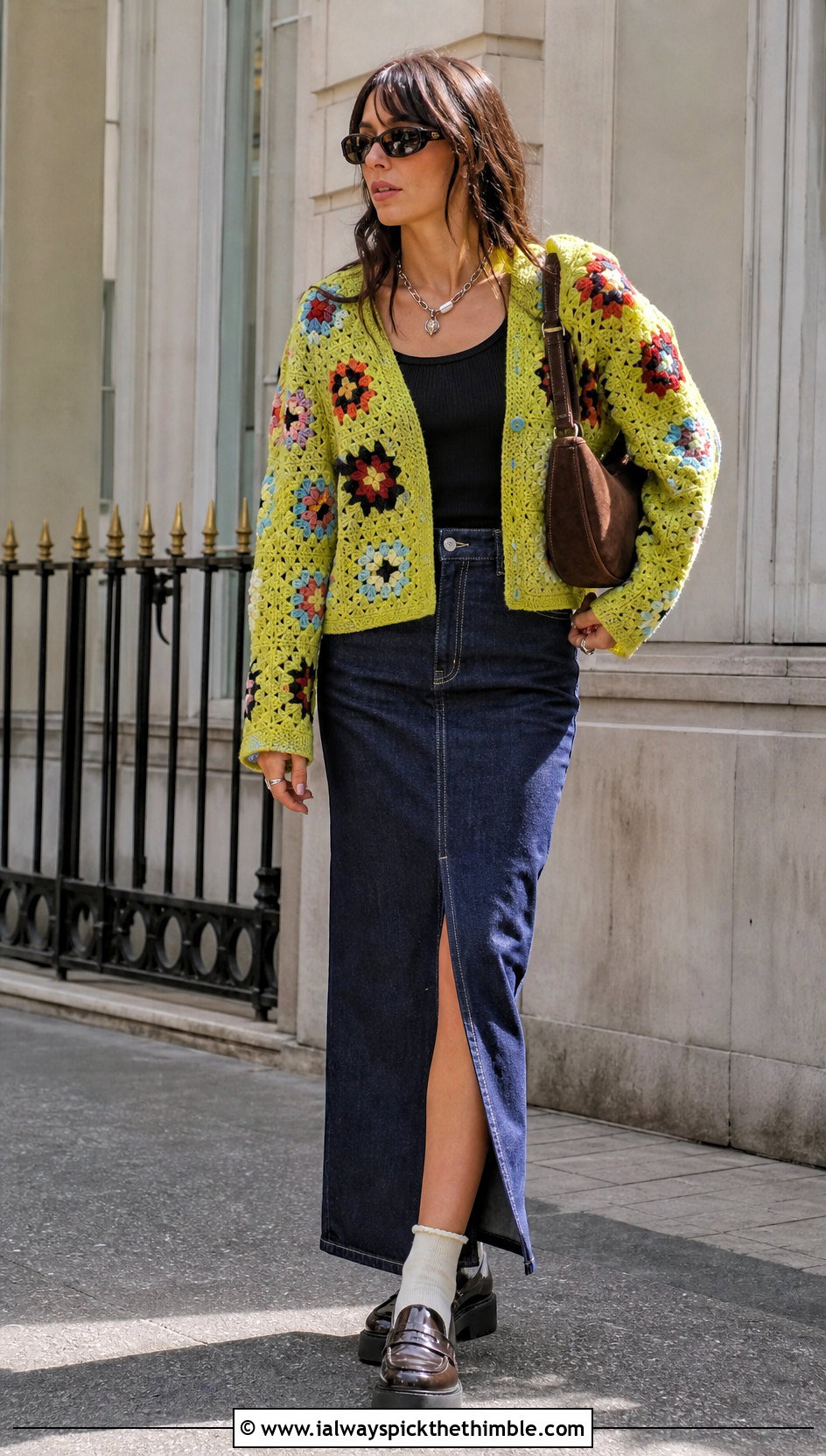 Granny Stitch Miu Miu Crochet Cardigan With Denim Maxi Skirt - 20 Miu Miu Crochet Cardigan outfit ideas