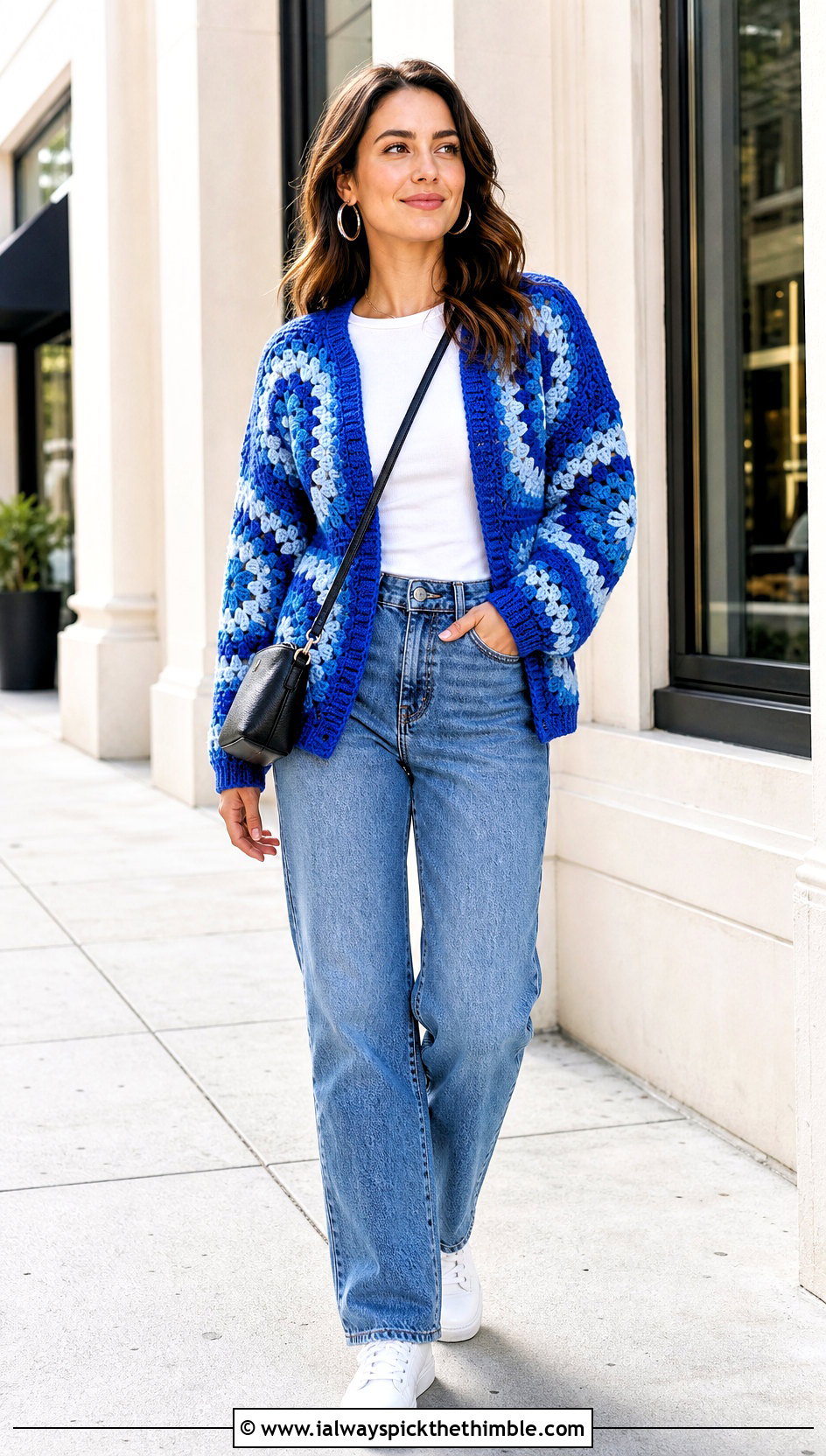 Granny Stitch Octagon Crochet Cardigan With Straight Leg Jeans - 20 Octagon Crochet Cardigan outfit ideas
