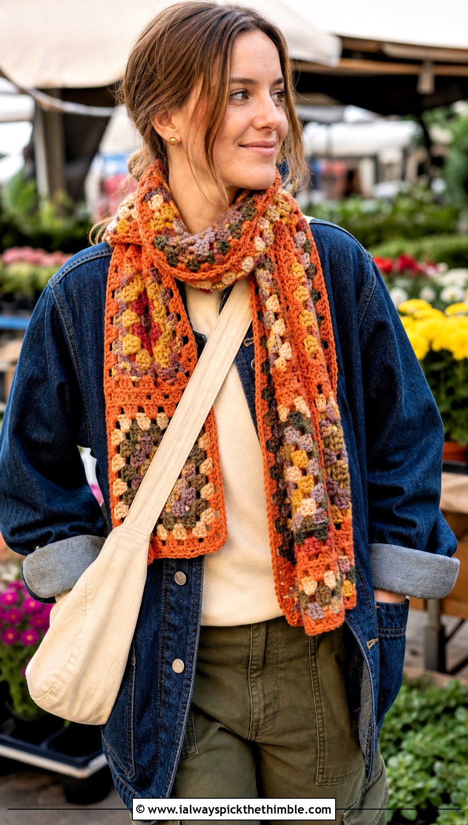 Granny Stitch One Ball Crochet Scarf With Denim Jacket And Cargo Pants - 15 one ball crochet scarf outfit ideas