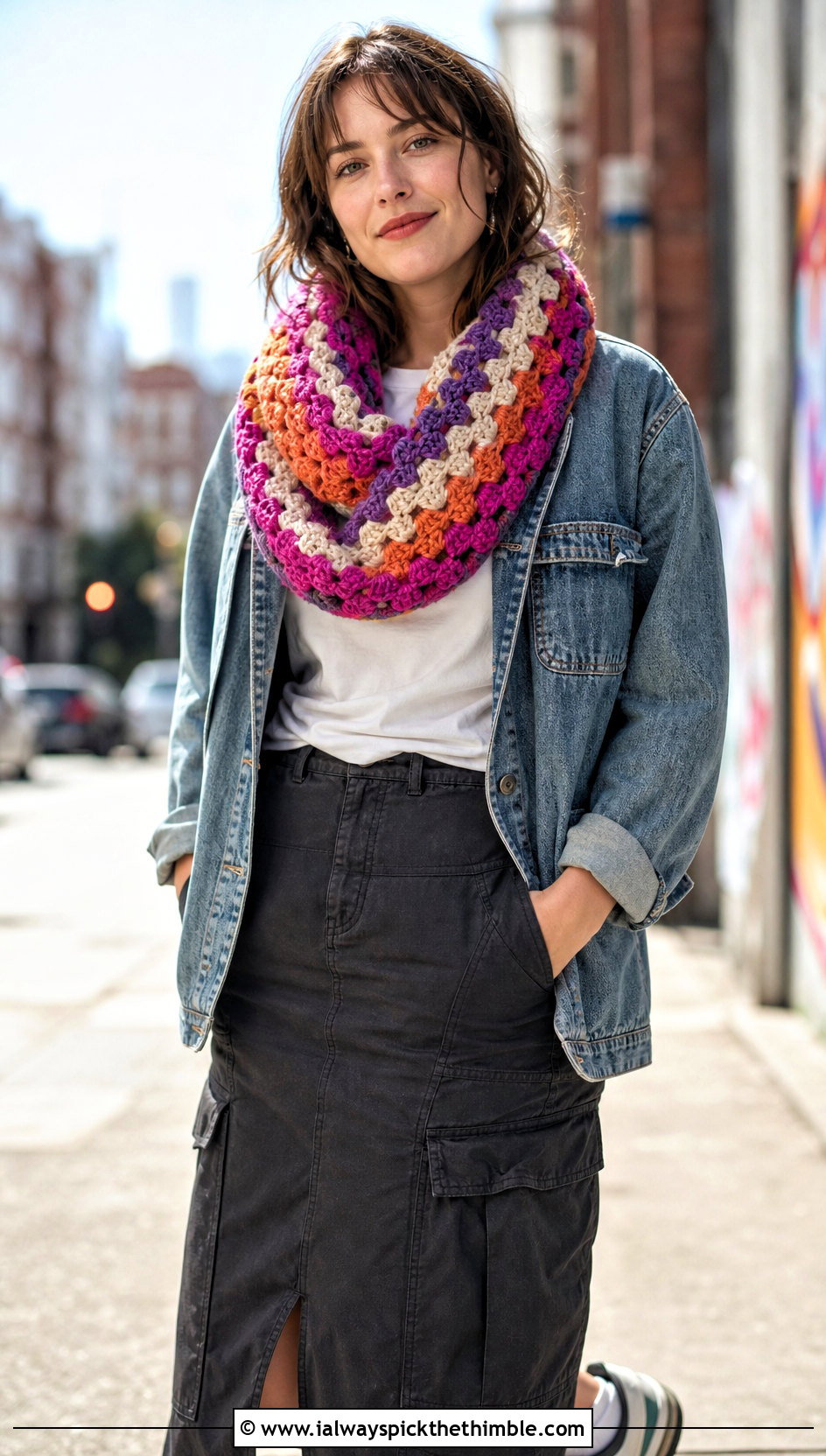 Granny Stitch One Skein Crochet Infinity Scarf With Denim Jacket - 15 One Skein Crochet Infinity Scarf outfit ideas