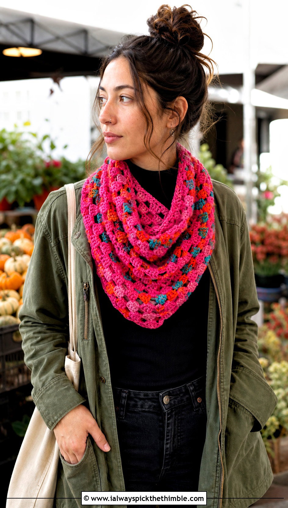 Granny Stitch Pink Crochet Cowl With Utility Jacket - 15 pink crochet cowl outfit ideas