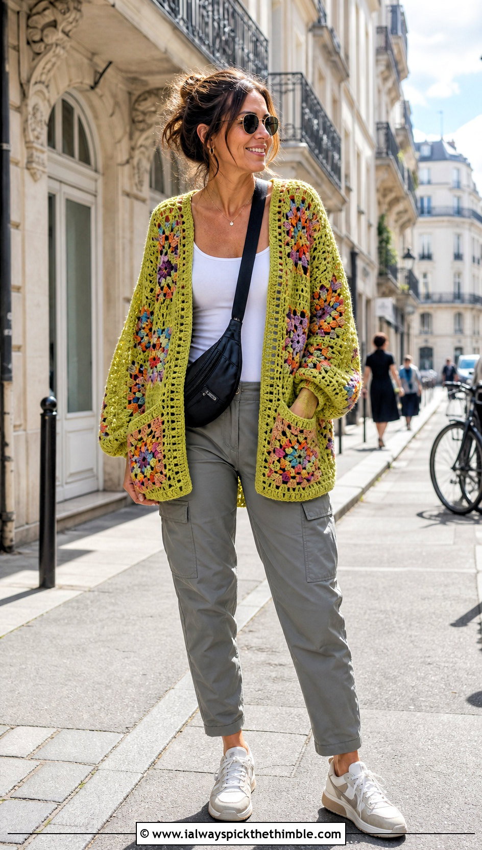 Granny Stitch Pocket Raglan Crochet Sweater With Cargo Pants - 15 pocket raglan crochet sweater outfit ideas