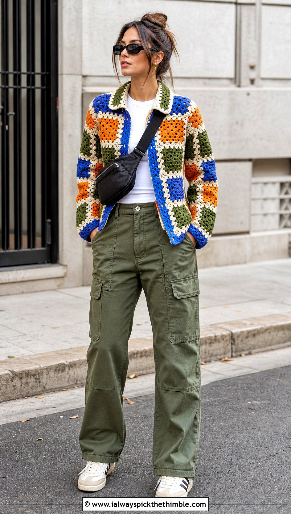 Granny Stitch Point Collar Jacket With Cargo Pants - 20 Crochet Jacket With Collar outfit ideas