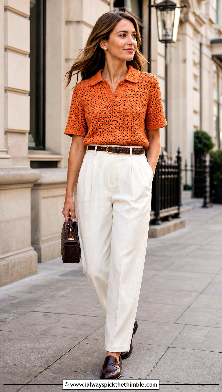 Granny Stitch Polo Top With Pleated Chinos - 25 crochet granny stitch top outfit ideas