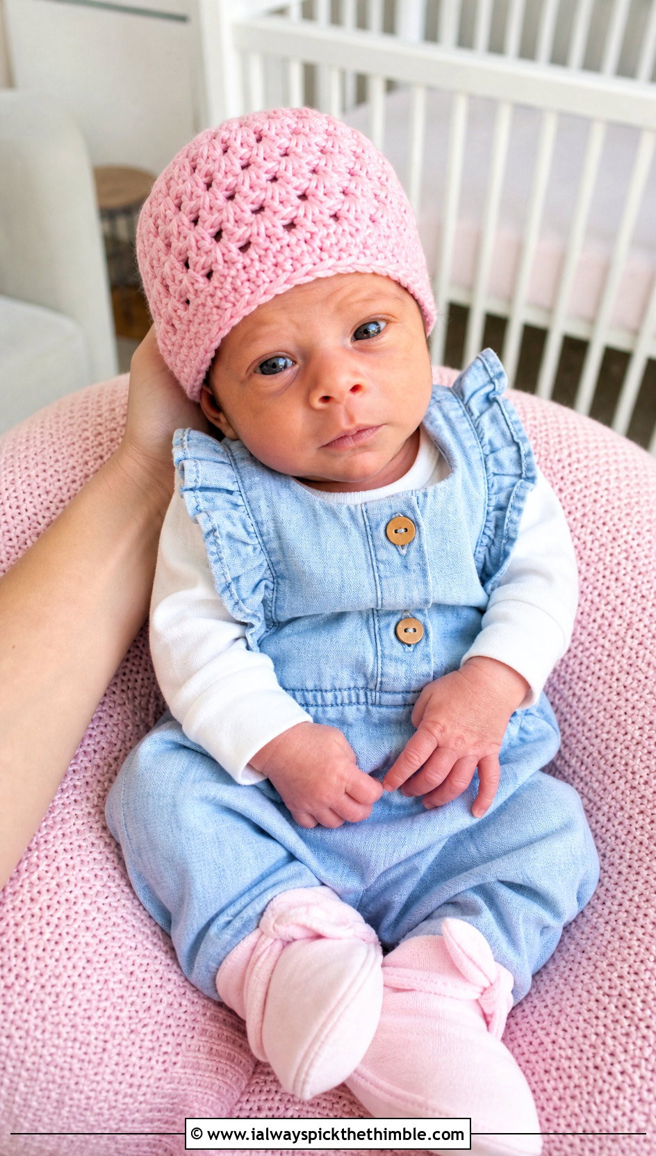 Granny Stitch Preemie Crochet Beanie With Denim Look Romper - 20 premie crochet beanie outfit ideas