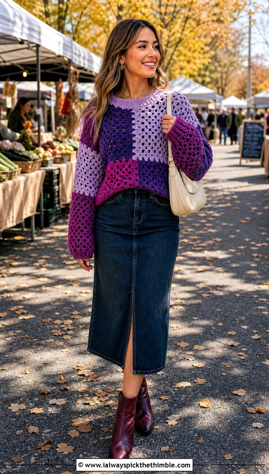 Granny Stitch Purple Ombre Crochet Sweater With Denim Midi Skirt - 15 purple ombre crochet sweater outfit ideas
