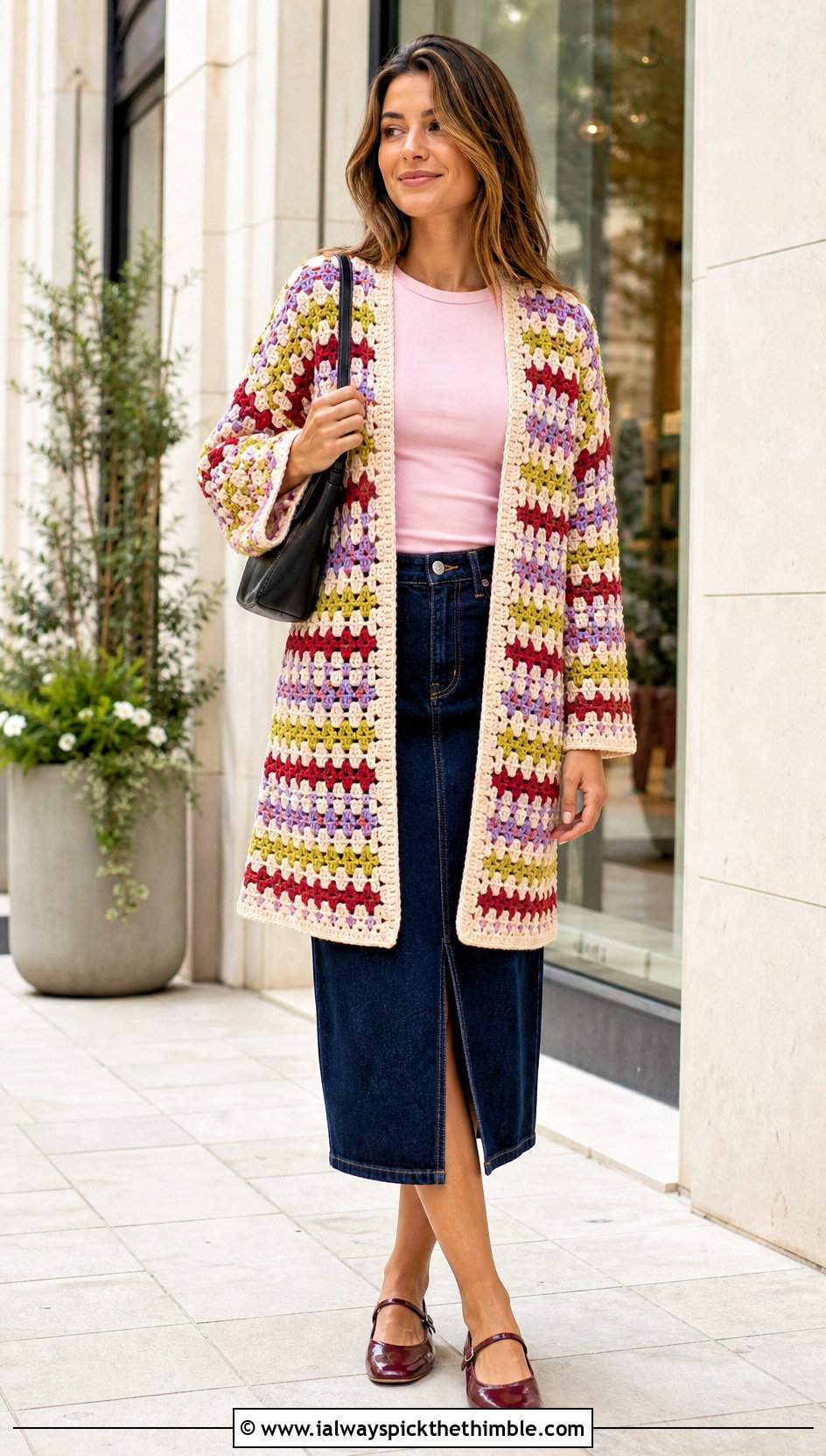 Granny Stitch Rectangle Cardigan With Denim Midi Skirt - 15 Crochet Rectangle Cardigan outfit ideas