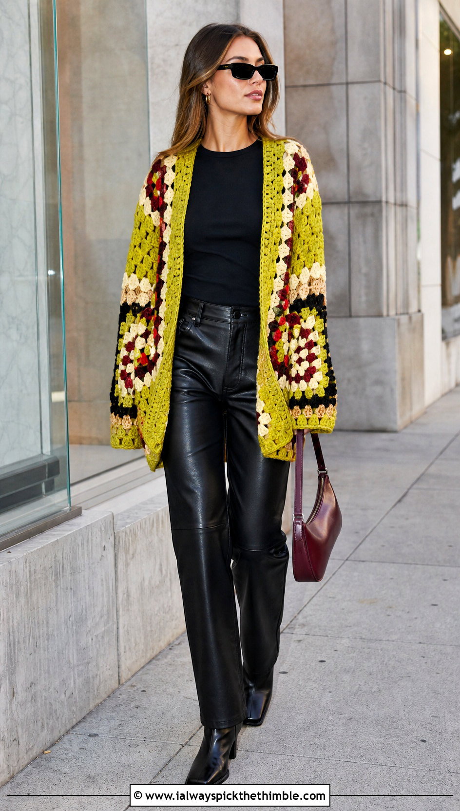 Granny Stitch Rectangle Crochet Cardigan With Leather Pants - 20 Crochet Cardigan From Rectangle outfit ideas