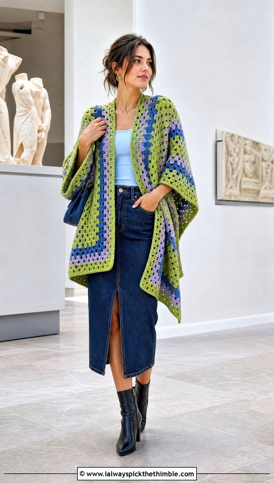 Granny Stitch Rectangle Poncho With Denim Midi Skirt - 20 crochet rectangle poncho outfit ideas