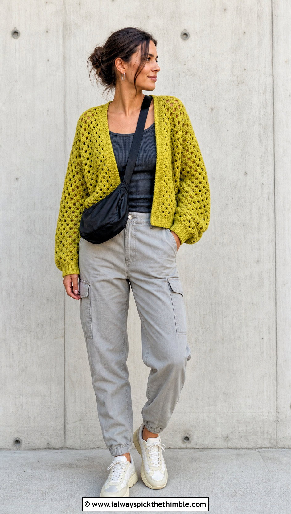 Granny Stitch Round Crochet Cardigan With Cargo Pants - 25 round crochet cardigan outfit ideas