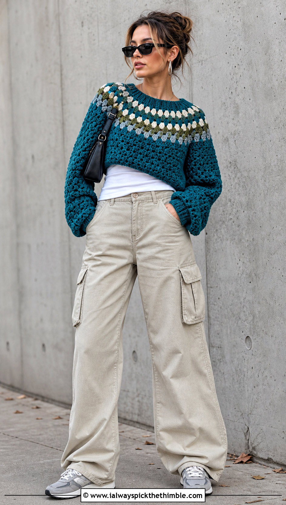 Granny Stitch Round Yoke Crochet Sweater With Cargo Pants - 20 Round Yoke Crochet Sweater outfit ideas