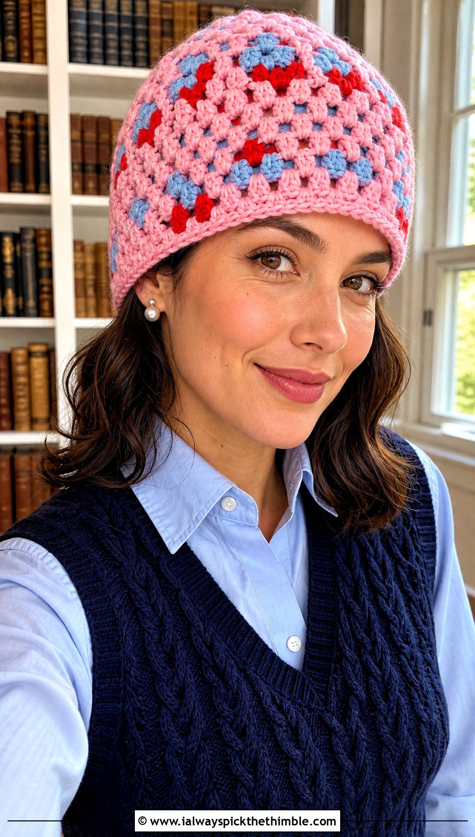 Granny Stitch Scrap Yarn Crochet Beanie With Preppy Outfit - 20 scrap yarn crochet beanie outfit ideas