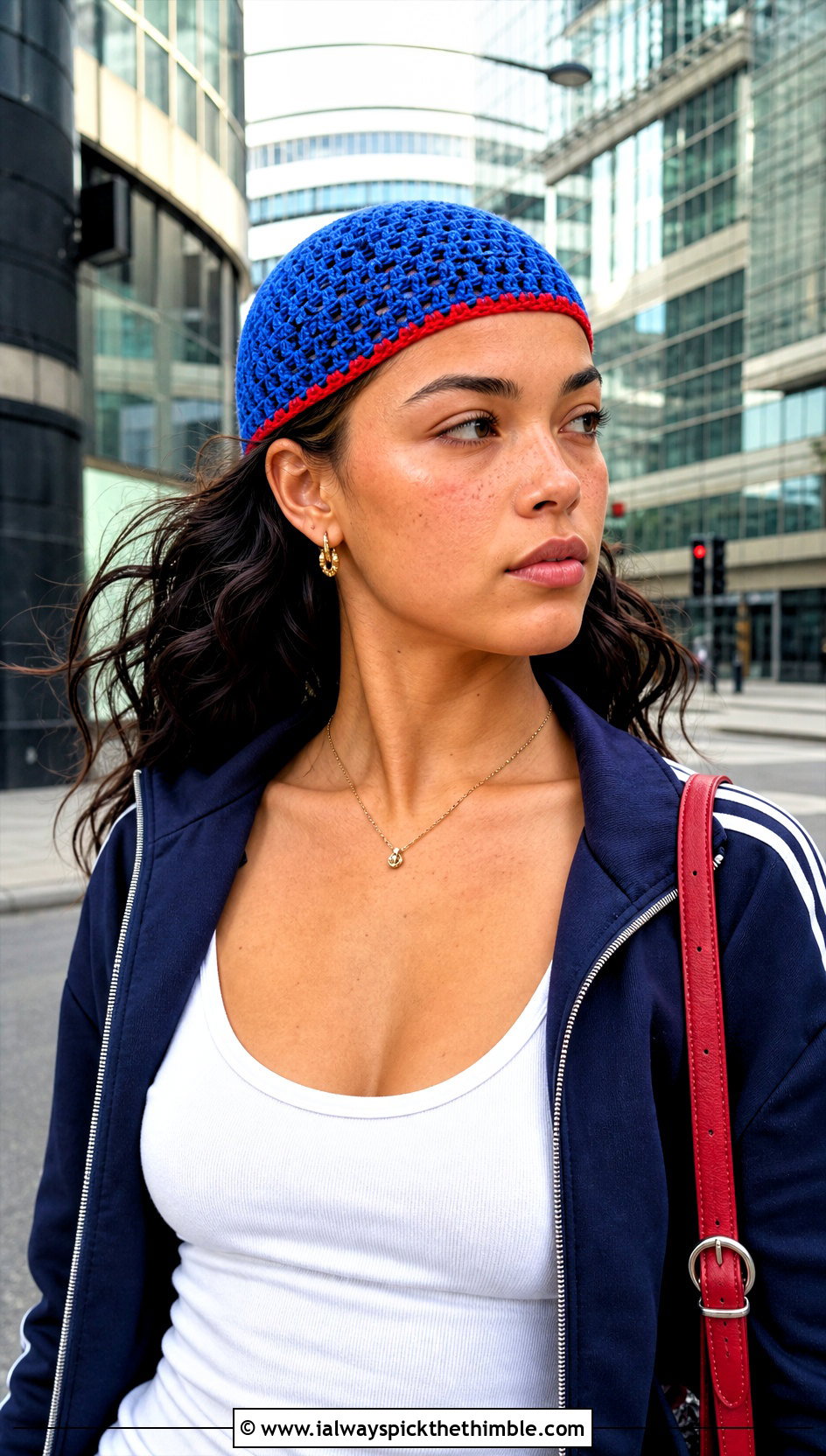Granny Stitch Skullcap With Track Jacket And Maxi Skirt - 20 Granny Crochet Hat outfit ideas