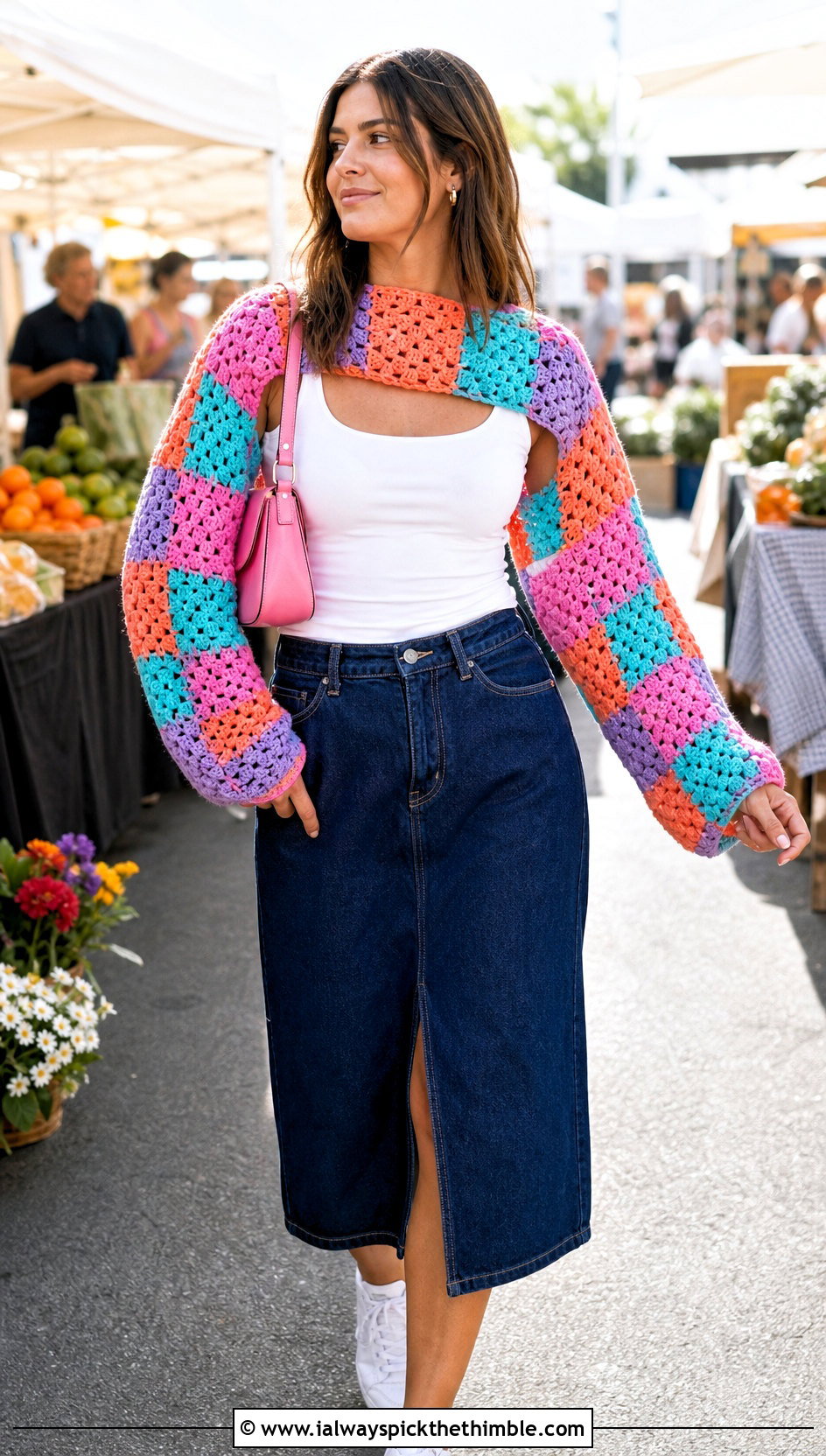Granny Stitch Sleeve Scarf With Denim Midi Skirt - 20 crochet scarf with arms outfit ideas