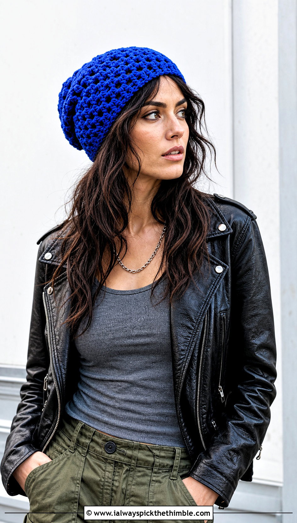 Granny Stitch Slouch Hat With Leather Jacket And Cargo Pants - 20 Granny Crochet Hat outfit ideas