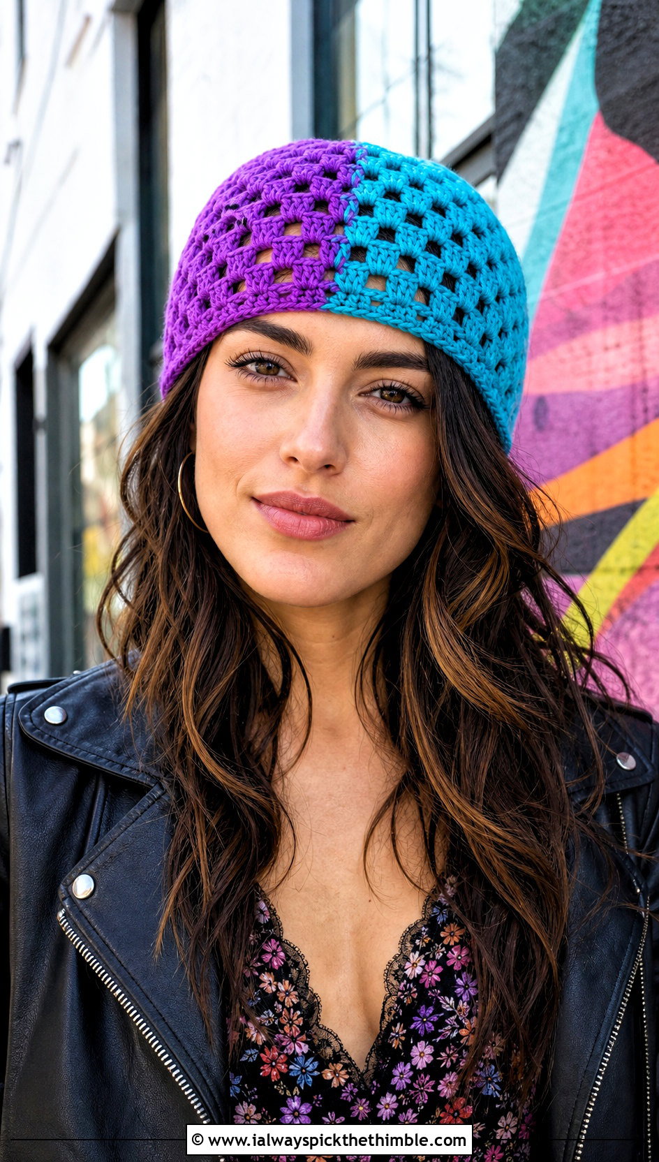 Granny Stitch Split Color Crochet Beanie With Floral Midi Dress - 15 Split Color Crochet Beanie outfit ideas