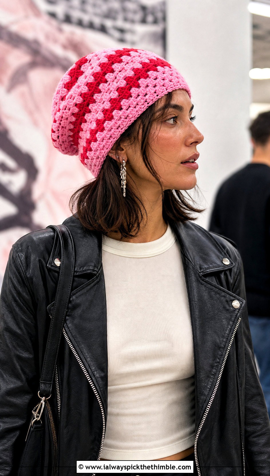 Granny Stitch Stripe Slouchy Crochet Beanie With Leather Jacket - 15 Striped Slouchy Crochet Beanie outfit ideas