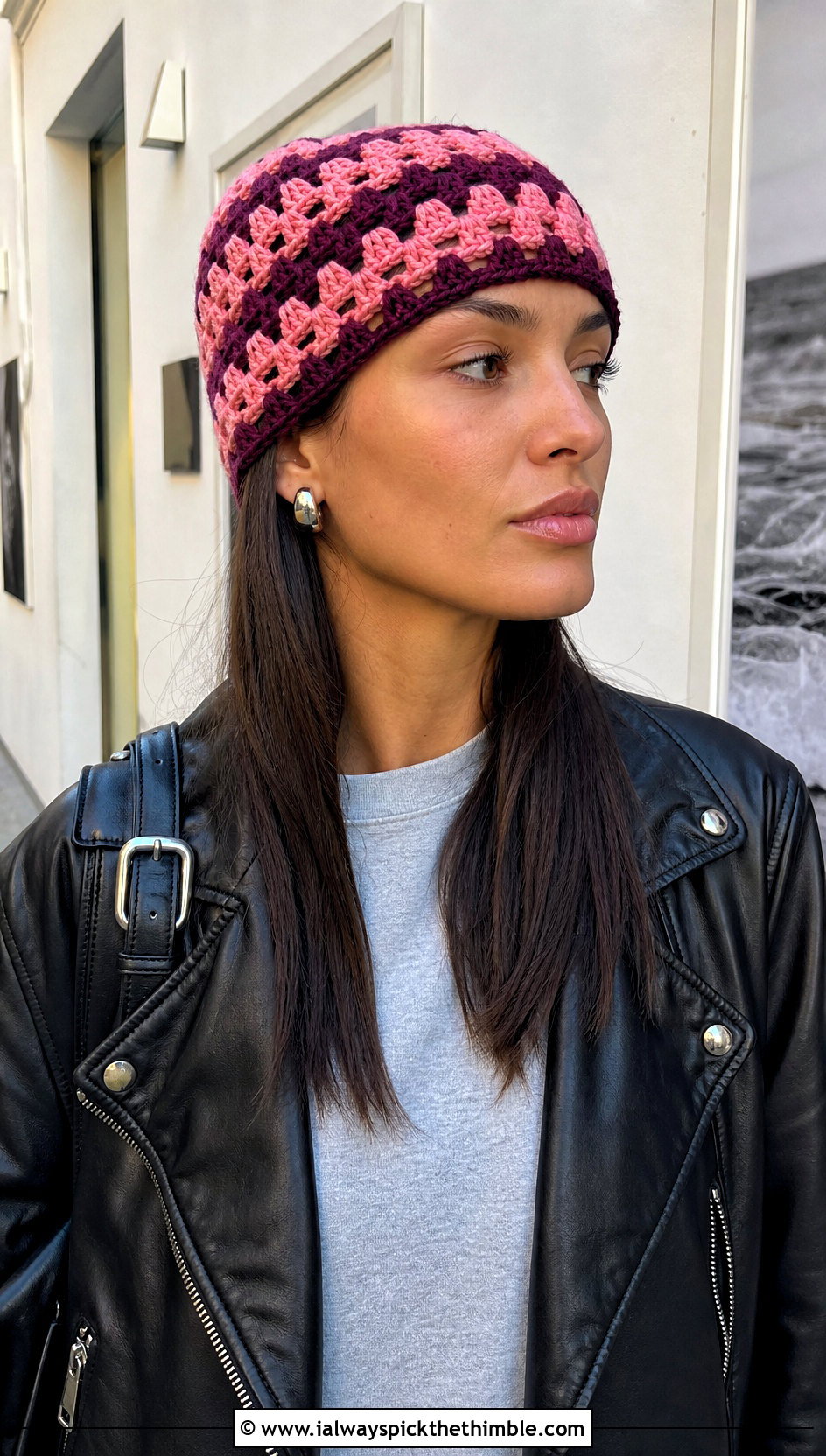 Granny Stitch Striped Crochet Beanie With Leather Jacket - 15 Crochet Striped Beanies outfit ideas