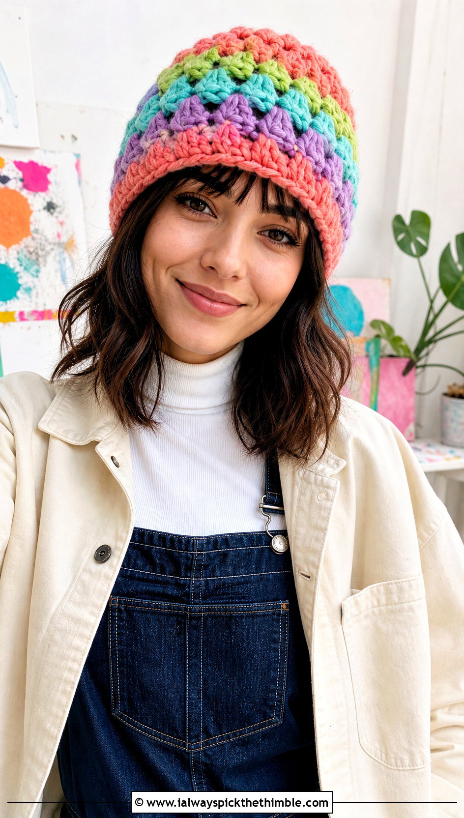 Granny Stitch Super Bulky Crochet Beanie With Overalls - 15 Crochet Hat With Super Bulky Yarn outfit ideas