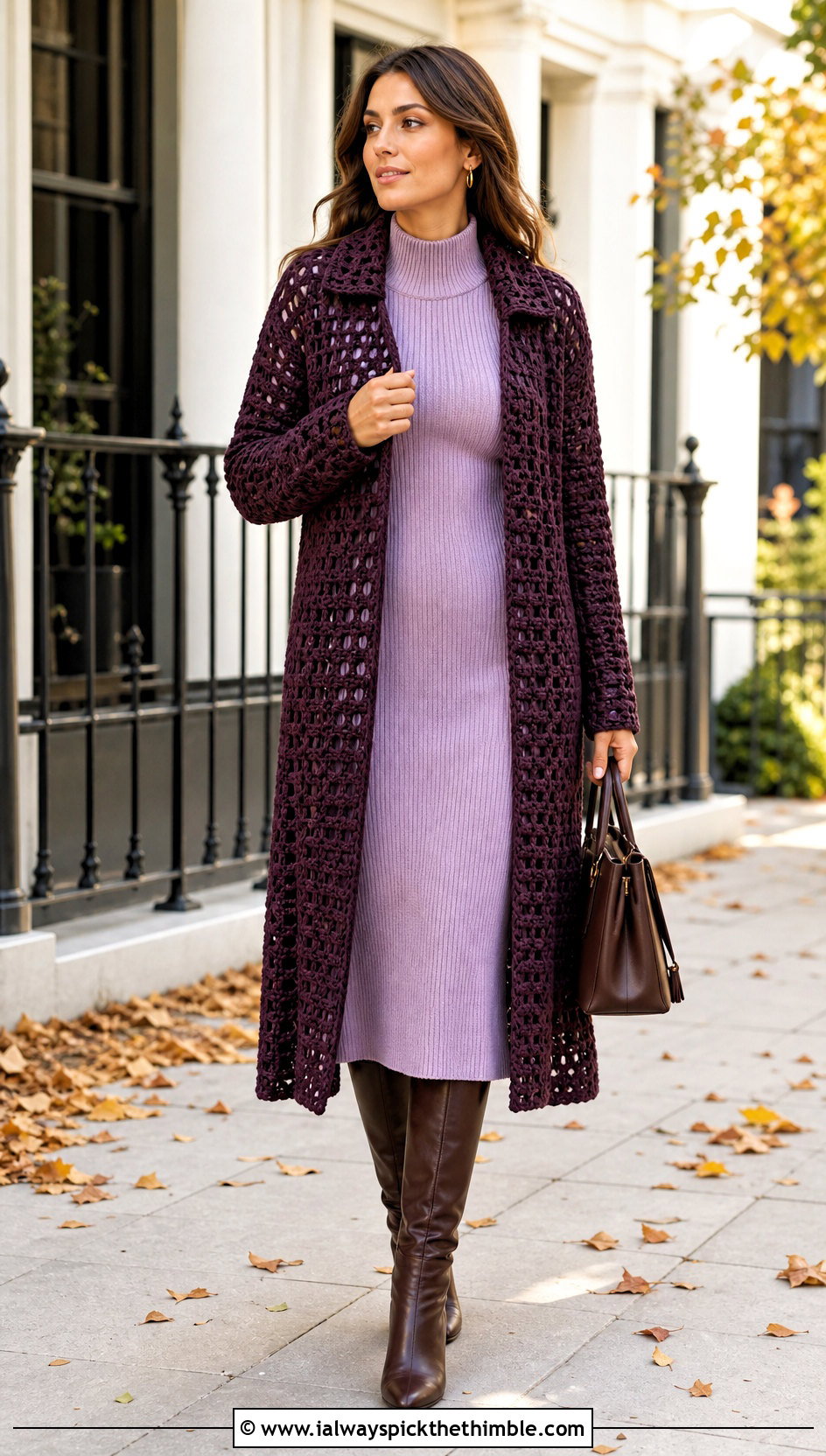 Granny Stitch Sweater Coat With Knit Dress - 25 crochet granny stitch sweater outfit ideas
