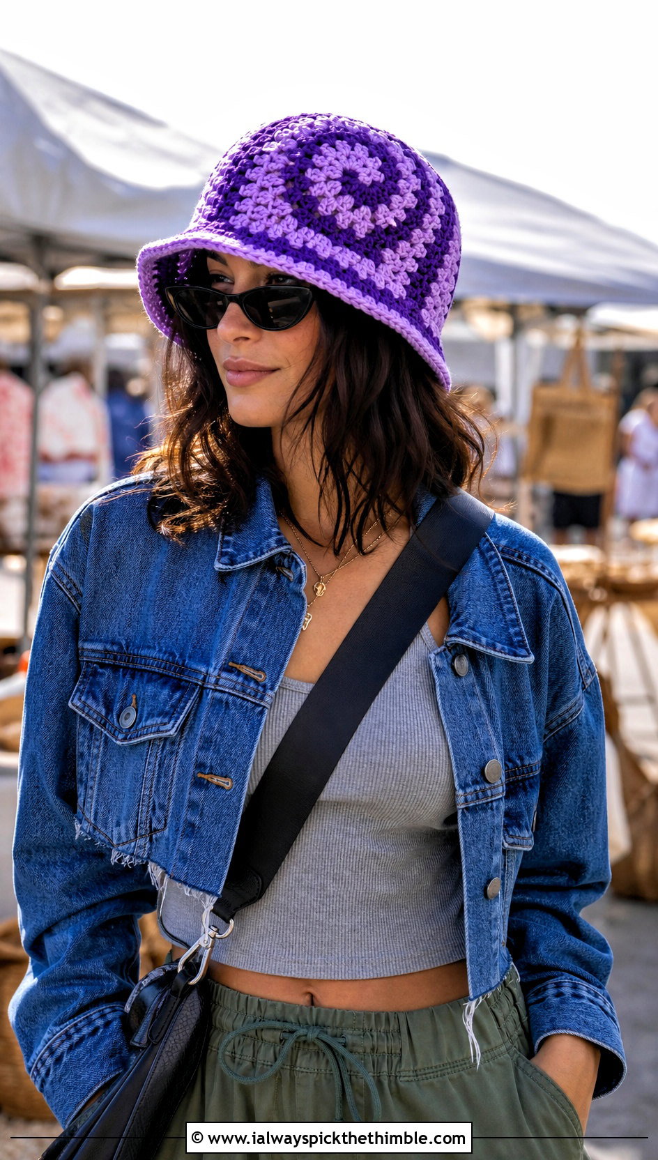 Granny Stitch Swirl Bucket Hat With Denim Jacket And Cargo Pants - 20 crochet swirl hat outfit ideas