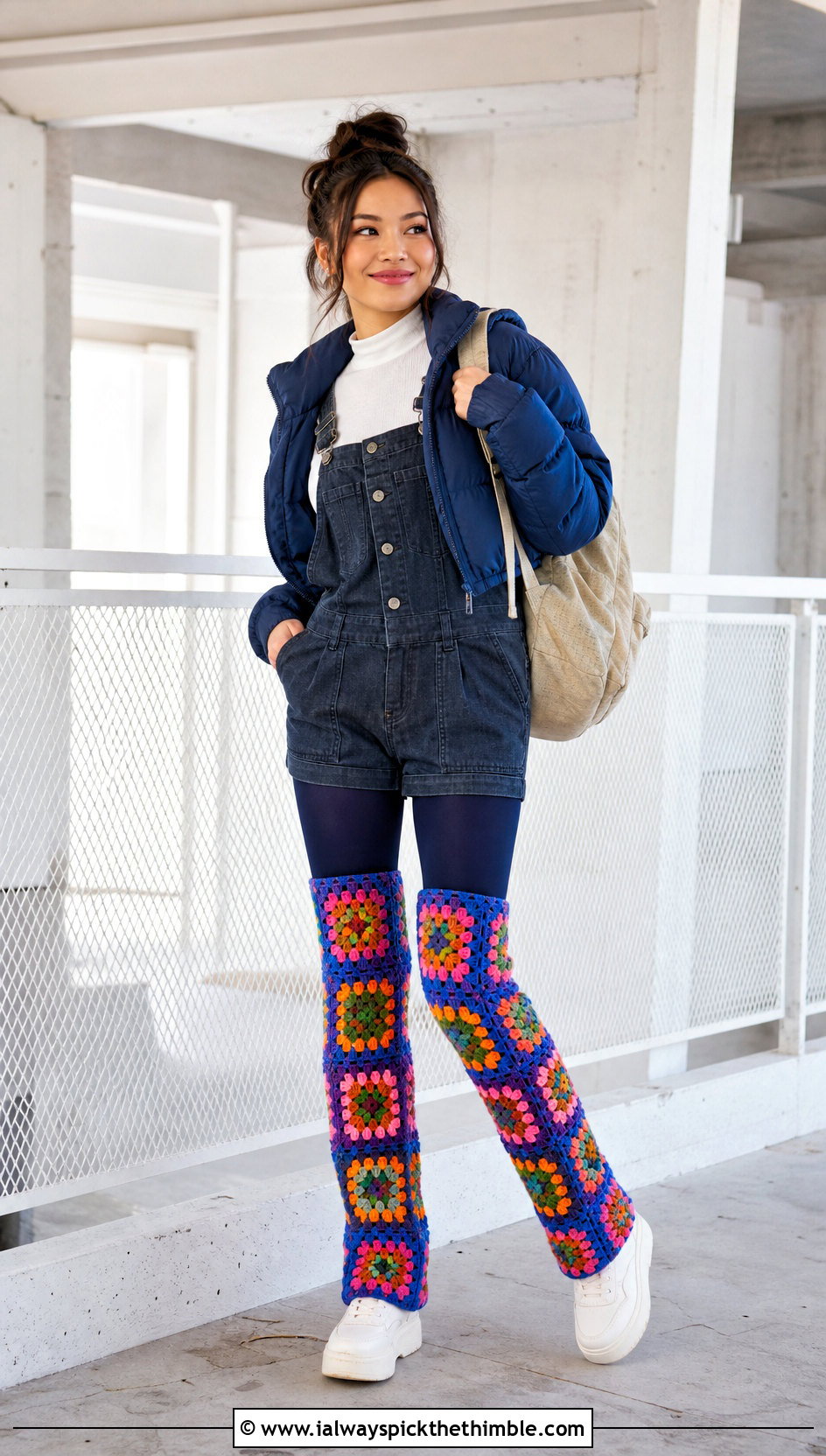 Granny Stitch Thigh High Crochet Leg Warmers With Overalls - 20 Thigh High Crochet Leg Warmers outfit ideas