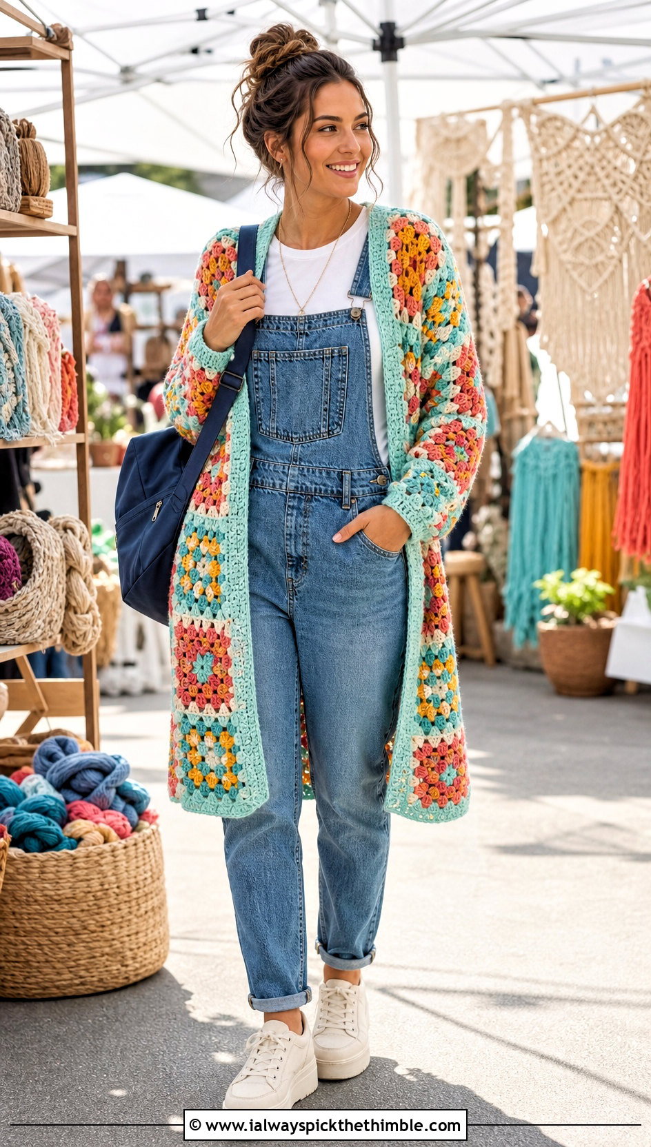 Granny Stitch Top Down Crochet Cardigan With Denim Overalls - 20 top down crochet cardigan outfit ideas