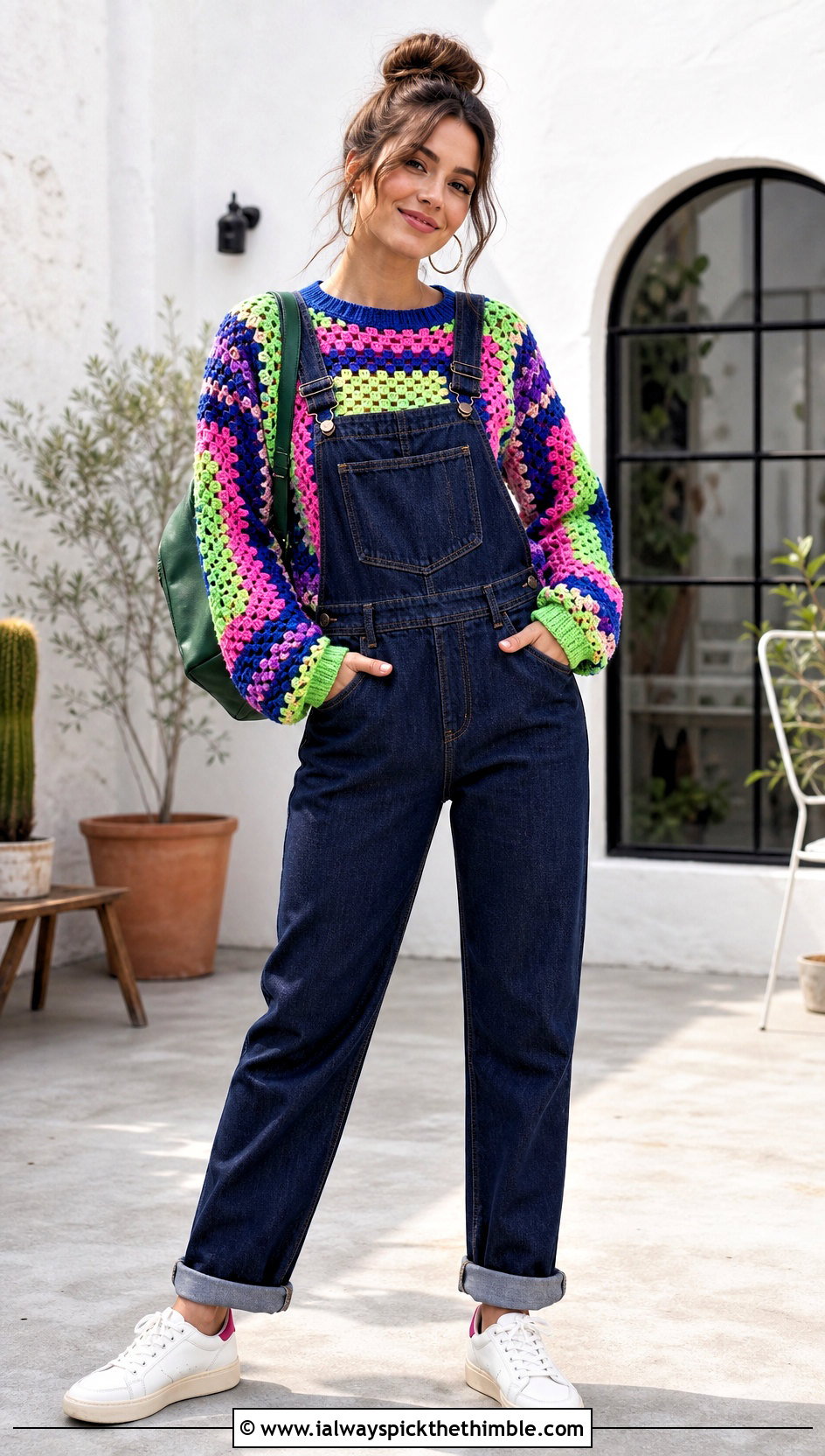 Granny Stitch Top Down Crochet Sweater With Denim Overalls - 25 top down crochet sweater outfit ideas