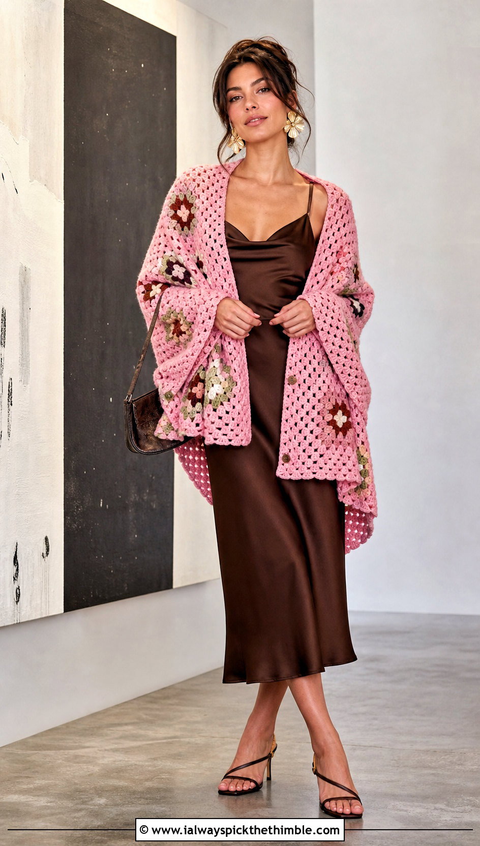 Granny Stitch Triangle Buttoned Crochet Wrap With Slip Dress - 15 Buttoned Crochet Wrap outfit ideas