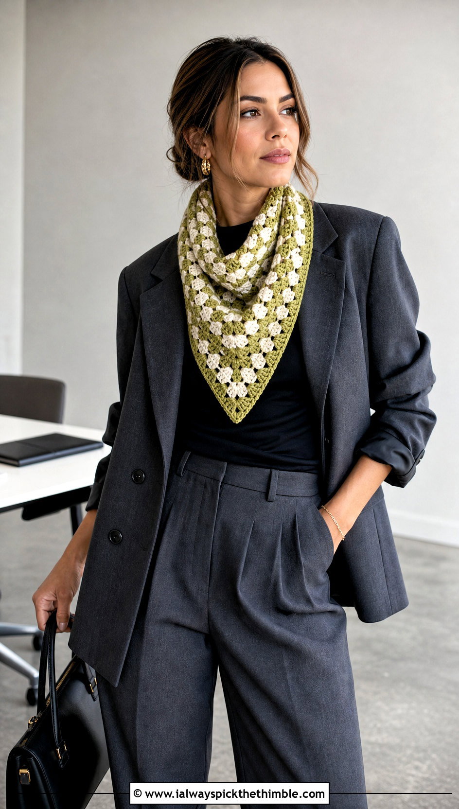 Granny Stitch Triangle Crochet Scarf With Blazer - 15 Boho Triangle Crochet Scarf outfit ideas